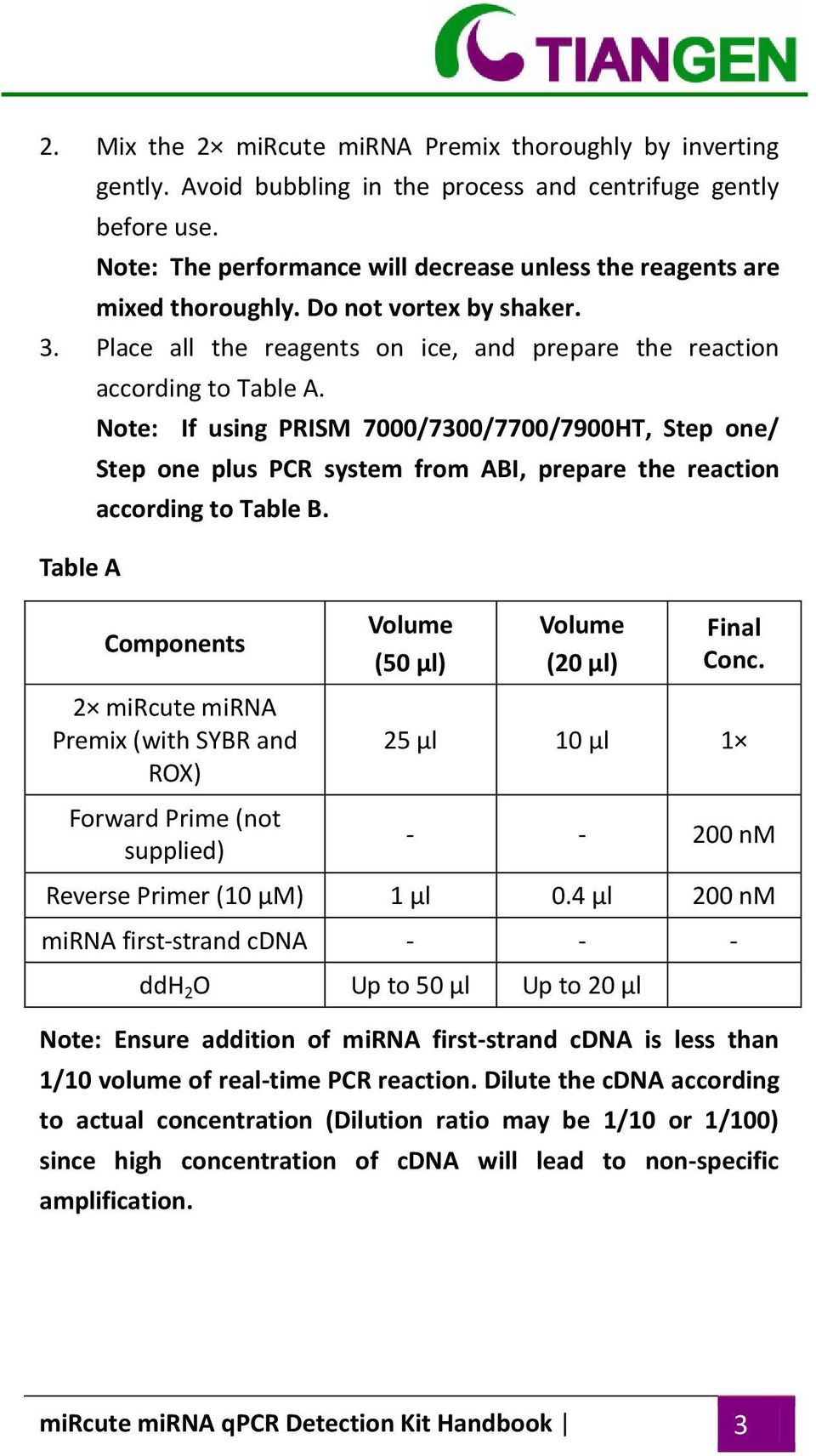 Note: If using PRISM 7000/7300/7700/7900HT, Step one/ Step one plus PCR system from ABI, prepare the reaction according to Table B.