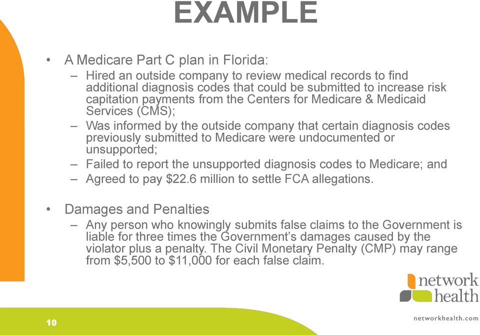 Failed to report the unsupported diagnosis codes to Medicare; and Agreed to pay $22.6 million to settle FCA allegations.