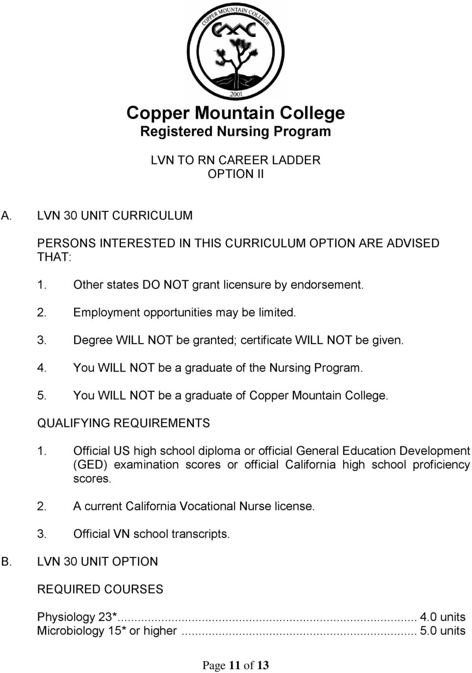 You WILL NOT be a graduate of the Nursing Program. 5. You WILL NOT be a graduate of Copper Mountain College. QUALIFYING REQUIREMENTS 1.