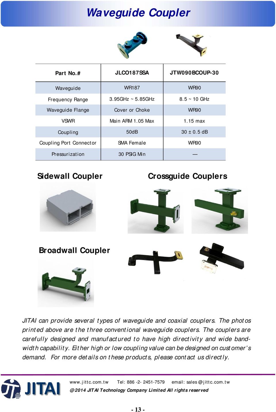 5 db Coupling Port Connector SMA Female WR90 Pressurization 30 PSIG Min Sidewall Coupler Crossguide Couplers Broadwall Coupler can provide several types of waveguide and coaxial