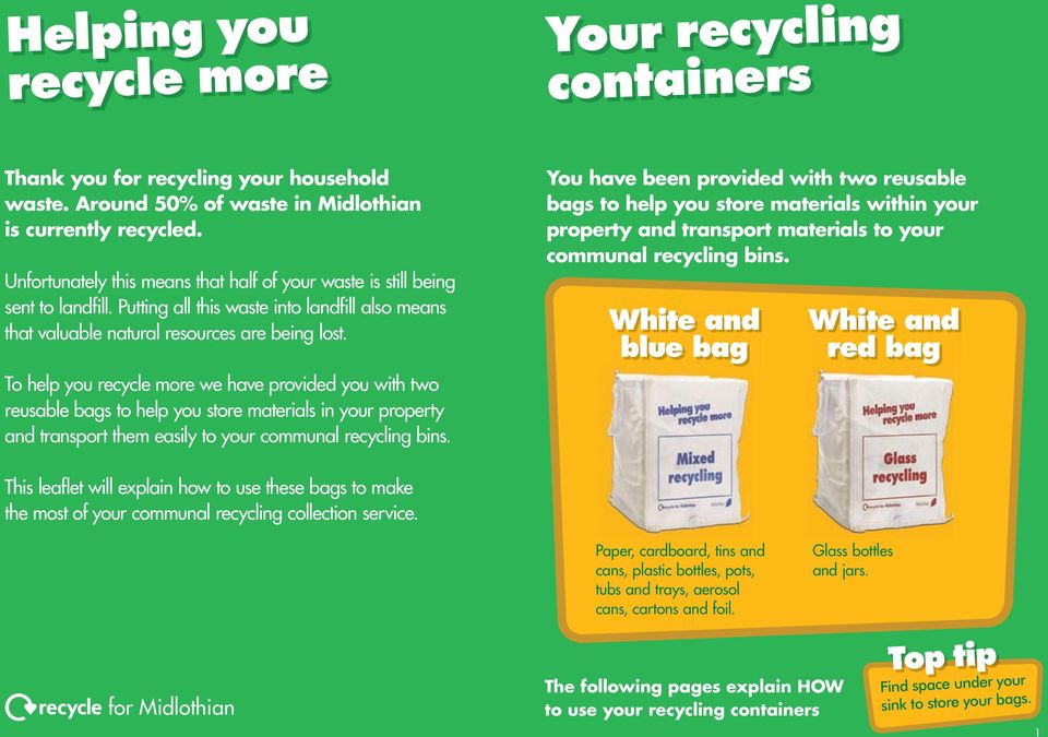 To help you recycle more we have provided you with two reusable bags to help you store materials in your property and transport them easily to your communal recycling bins.