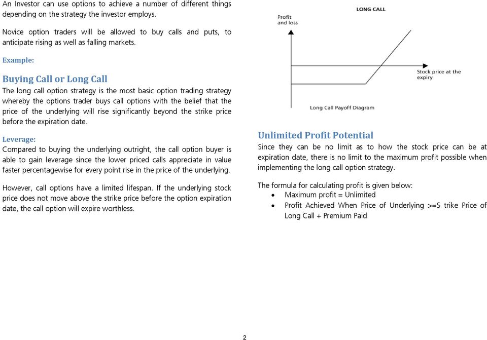 Example: Buying Call or Long Call The long call option strategy is the most basic option trading strategy whereby the options trader buys call options with the belief that the price of the underlying