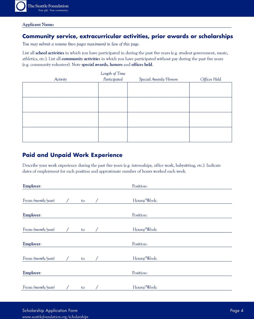 List all community activities in which you have participated without pay during the past five years (e.g. community volunteer). Note special awards, honors and offices held.