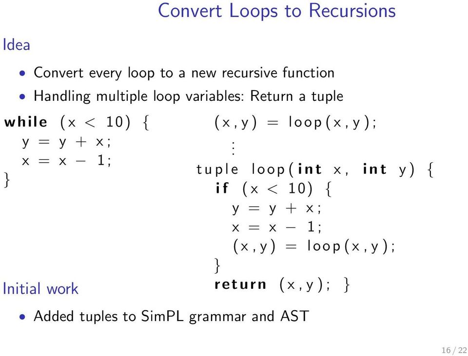 } Initial work (x,y) = loop(x,y); Added tuples to SimPL grammar and AST.