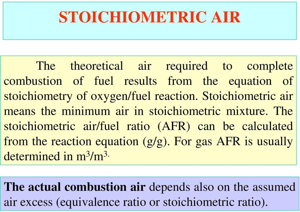 The stoichiometric air/fuel ratio (AFR) can be calculated from the reaction equation (g/g).