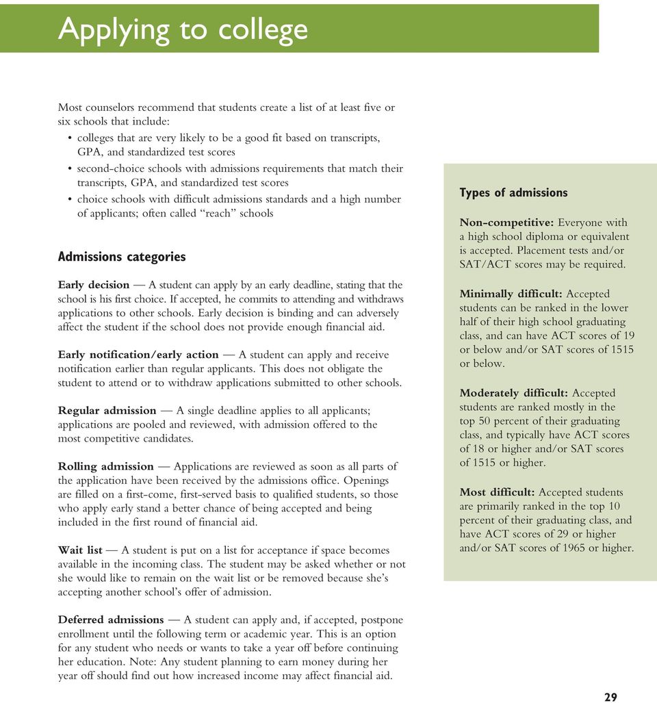 high number of applicants; often called reach schools Admissions categories Early decision A student can apply by an early deadline, stating that the school is his first choice.