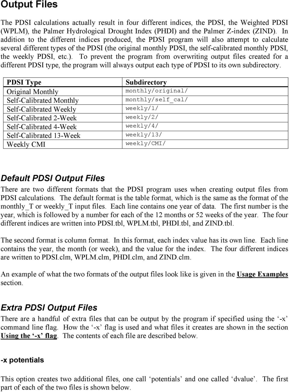 weekly PDSI, etc.). To prevent the program from overwriting output files created for a different PDSI type, the program will always output each type of PDSI to its own subdirectory.