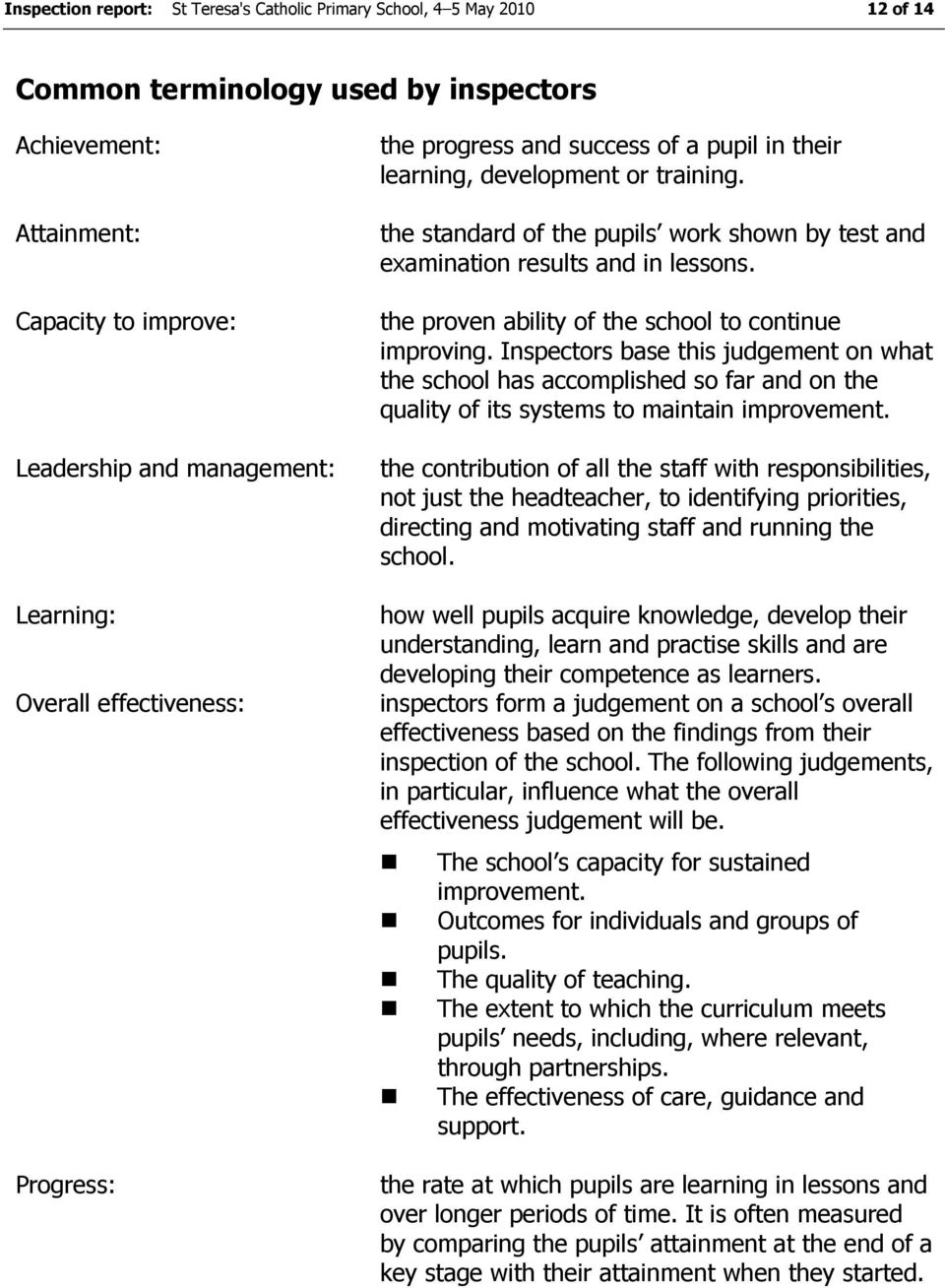 the proven ability of the school to continue improving. Inspectors base this judgement on what the school has accomplished so far and on the quality of its systems to maintain improvement.