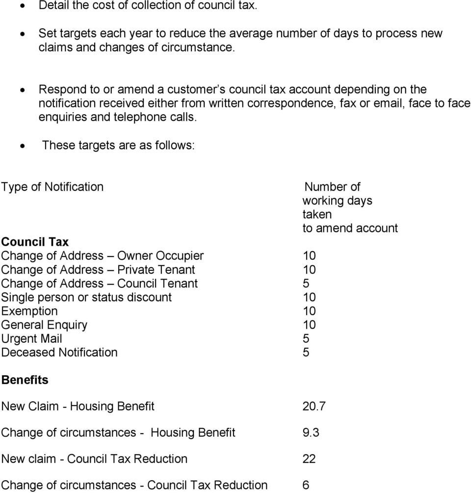 These targets are as follows: Type of Notification Number of working days taken to amend account Council Tax Change of Address Owner Occupier 10 Change of Address Private Tenant 10 Change of Address