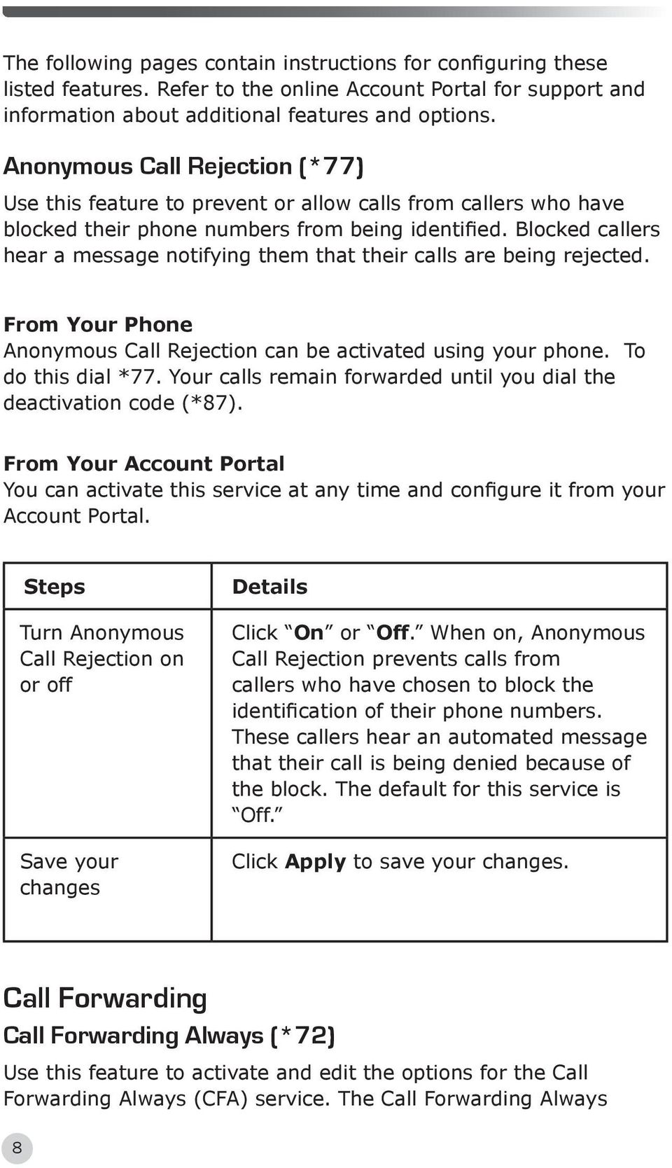 Blocked callers hear a message notifying them that their calls are being rejected. From Your Phone Anonymous Call Rejection can be activated using your phone. To do this dial *77.