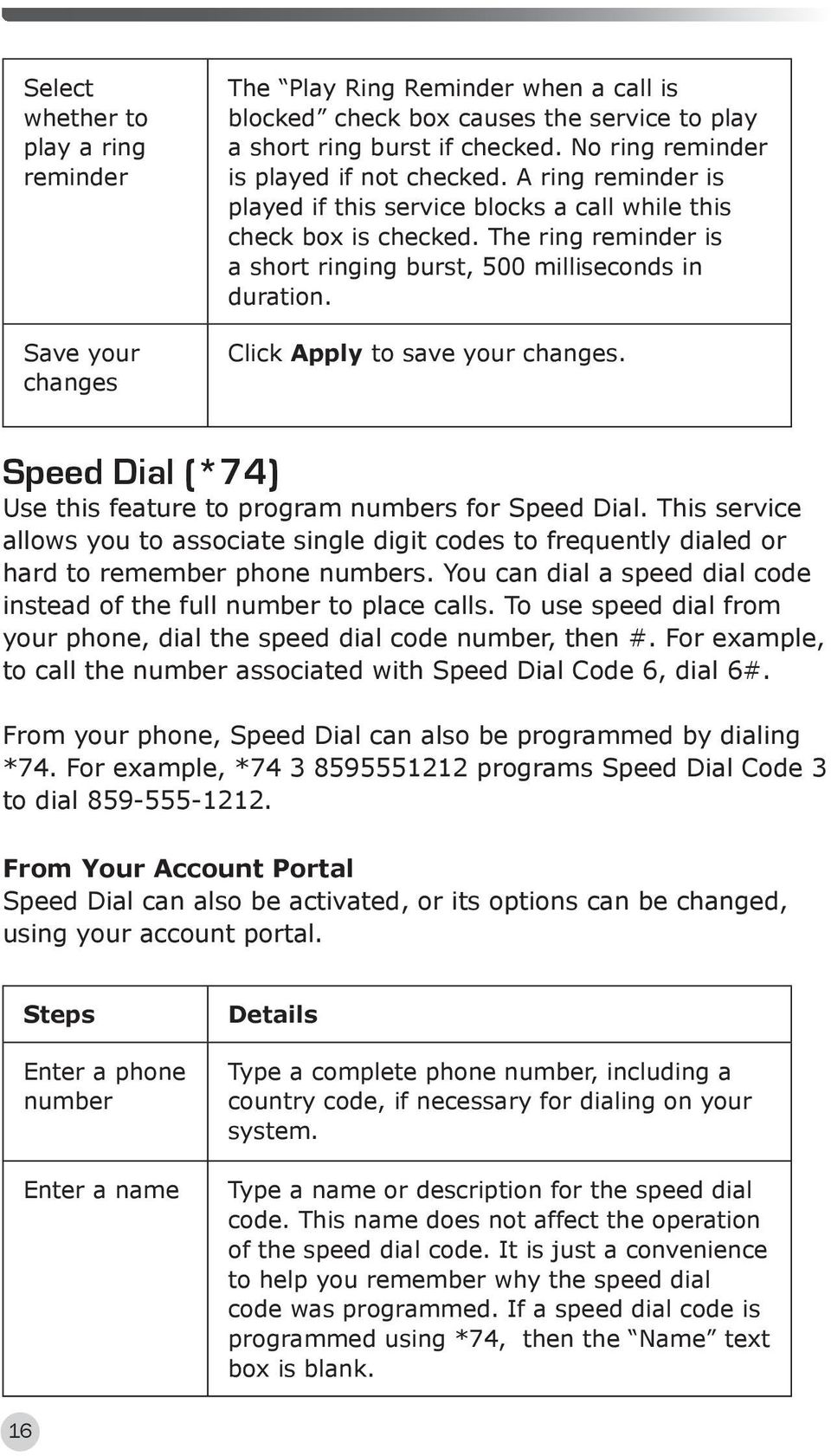 The ring reminder is a short ringing burst, 500 milliseconds in duration. Click Apply to save your changes. Speed Dial (*74) Use this feature to program numbers for Speed Dial.