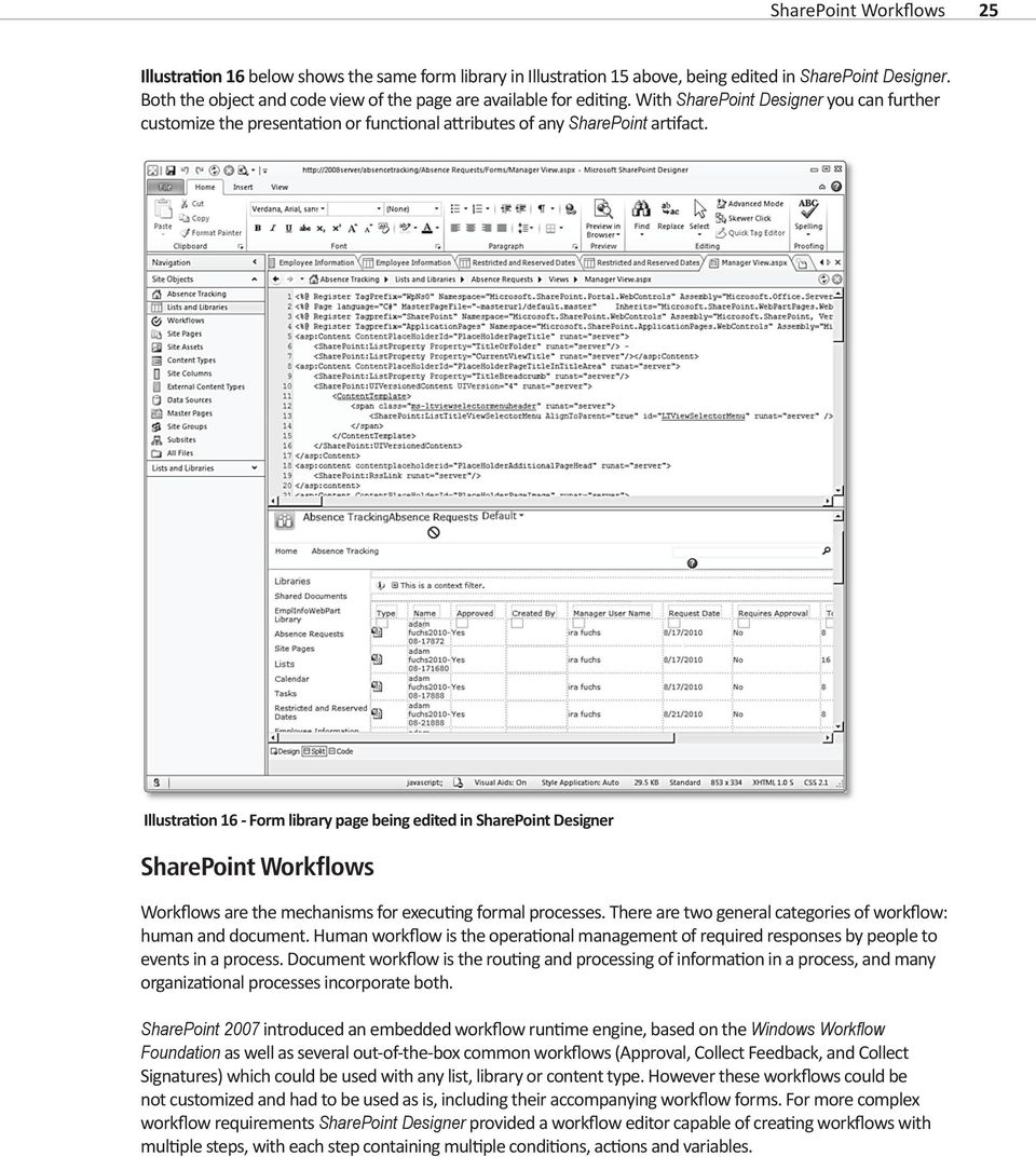 Illustration 16 - Form library page being edited in SharePoint Designer SharePoint Workflows Workflows are the mechanisms for executing formal processes.