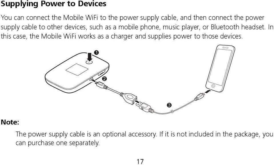 In this case, the Mobile WiFi works as a charger and supplies power to those devices.