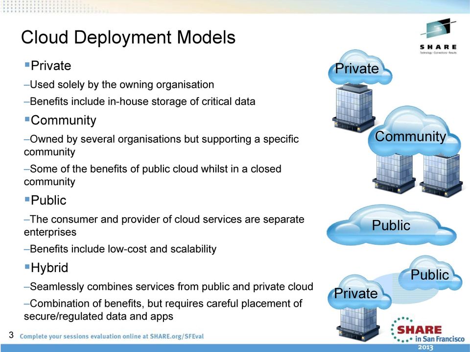 and provider of cloud services are separate enterprises Benefits include low-cost and scalability Hybrid Seamlessly combines services from