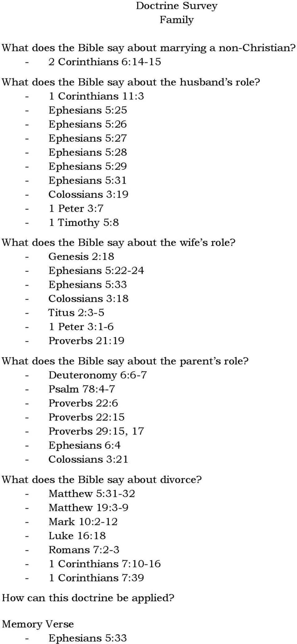 the wife s role? - Genesis 2:18 - Ephesians 5:22-24 - Ephesians 5:33 - Colossians 3:18 - Titus 2:3-5 - 1 Peter 3:1-6 - Proverbs 21:19 What does the Bible say about the parent s role?