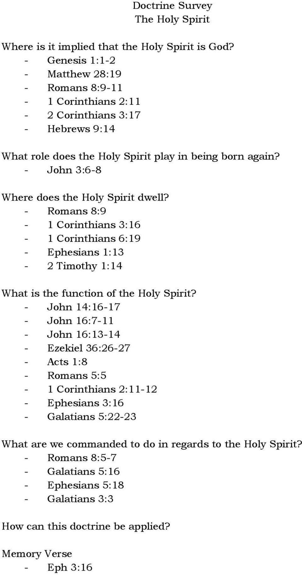 - John 3:6-8 Where does the Holy Spirit dwell? - Romans 8:9-1 Corinthians 3:16-1 Corinthians 6:19 - Ephesians 1:13-2 Timothy 1:14 What is the function of the Holy Spirit?