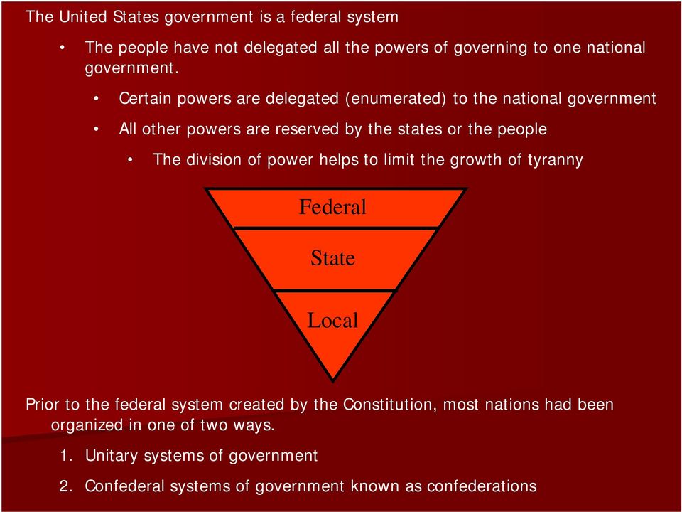 division of power helps to limit the growth of tyranny Federal State Local Prior to the federal system created by the Constitution,