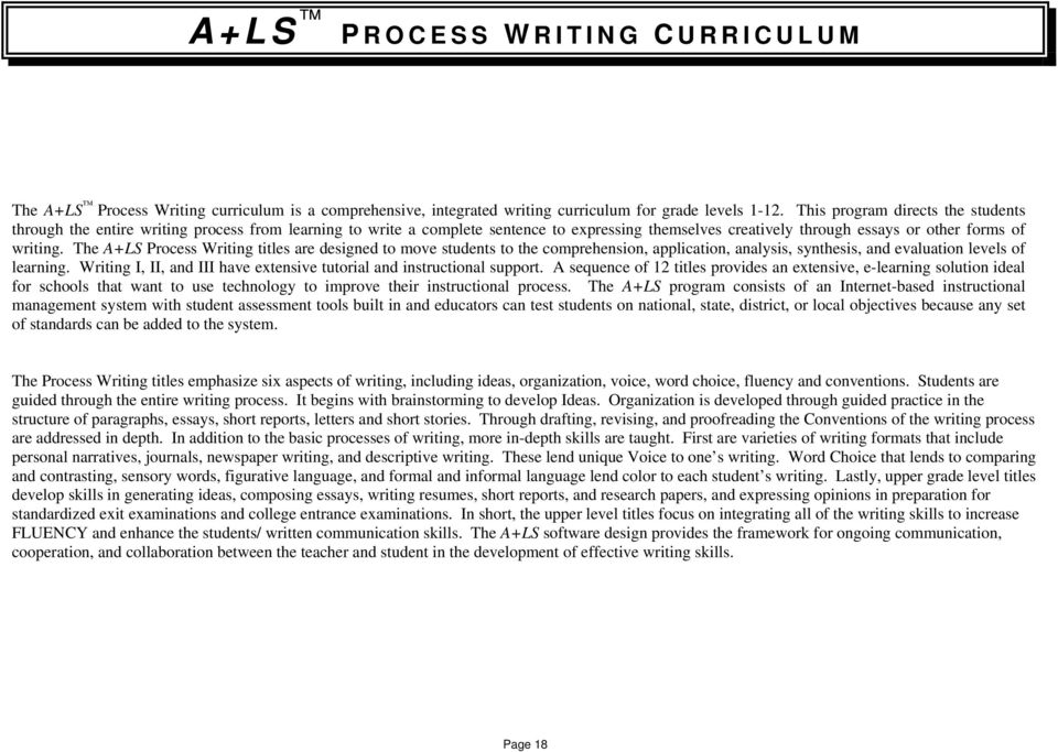 The A+LS Process Writing titles are designed to move students to the comprehension, application, analysis, synthesis, and evaluation levels of learning.