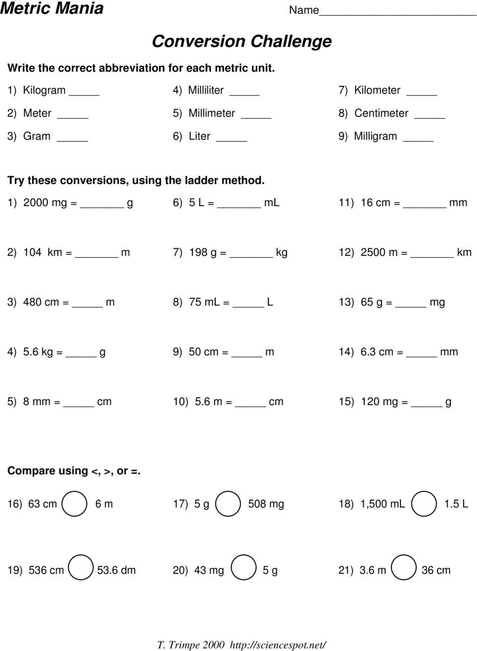 Metric Mania Conversion Practice. Basic Unit. Overhead Copy. Kilo With Metric Conversion Worksheet Chemistry