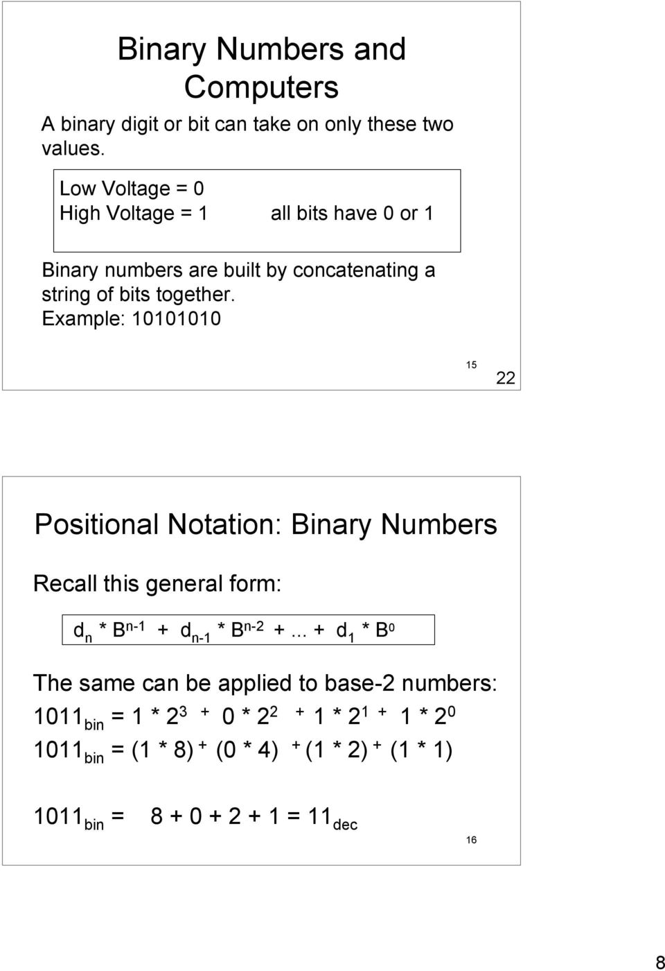 Example: 10101010 15 22 Positional Notation: Binary Numbers Recall this general form: d n * B n-1 + d n-1 * B n-2 +.