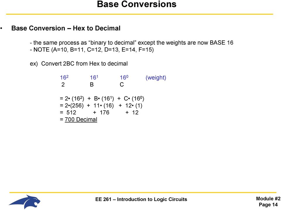 F=15) ex) Convert 2BC from Hex to decimal 16 2 16 1 16 0 (weight) 2 B C = 2 (16 2 )