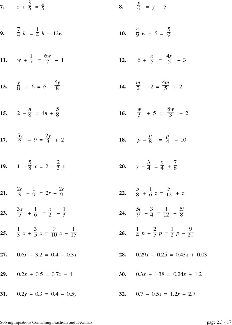 22.22 Solving Equations Containing Fractions and Decimals - PDF Free Pertaining To Solving Equations With Fractions Worksheet