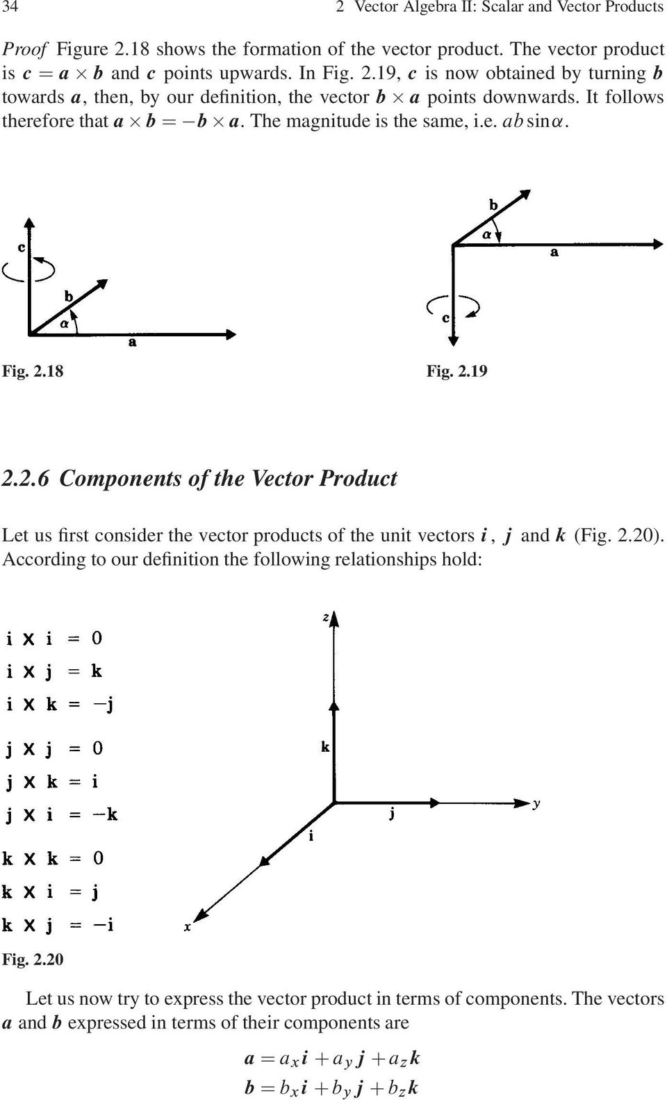 18 Fig. 2.19 2.2.6 Components of the Vector Product Let us first consider the vector products of the unit vectors i, j and k (Fig. 2.20).