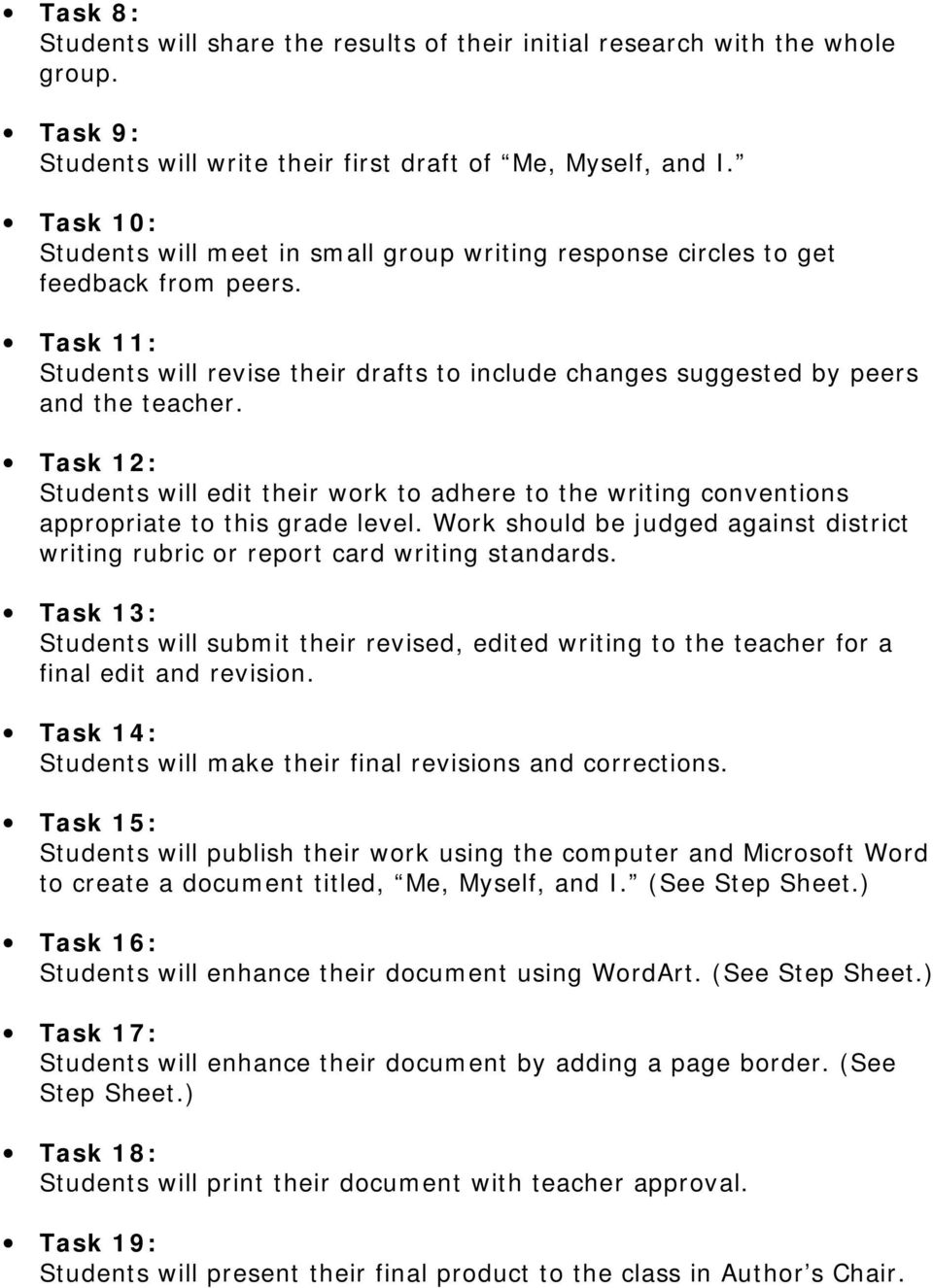 Task 12: Students will edit their work to adhere to the writing conventions appropriate to this grade level. Work should be judged against district writing rubric or report card writing standards.