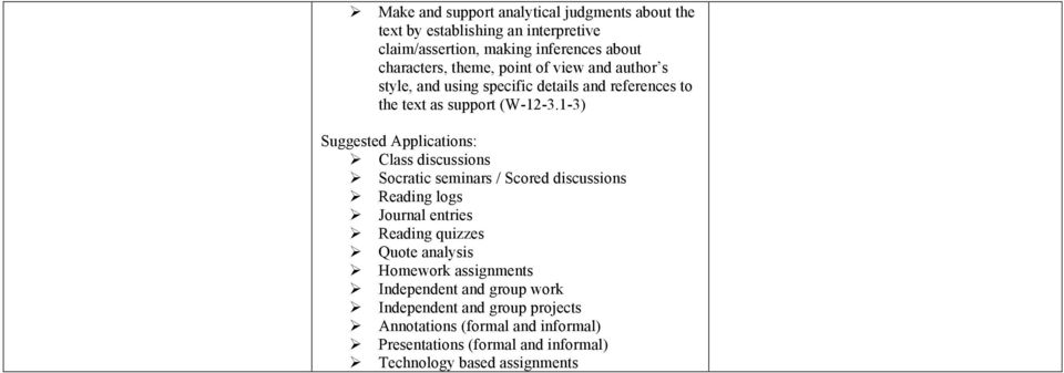 1-3) Suggested Applications: Ø Class discussions Ø Socratic seminars / Scored discussions Ø Reading logs Ø Journal entries Ø Reading quizzes Ø Quote