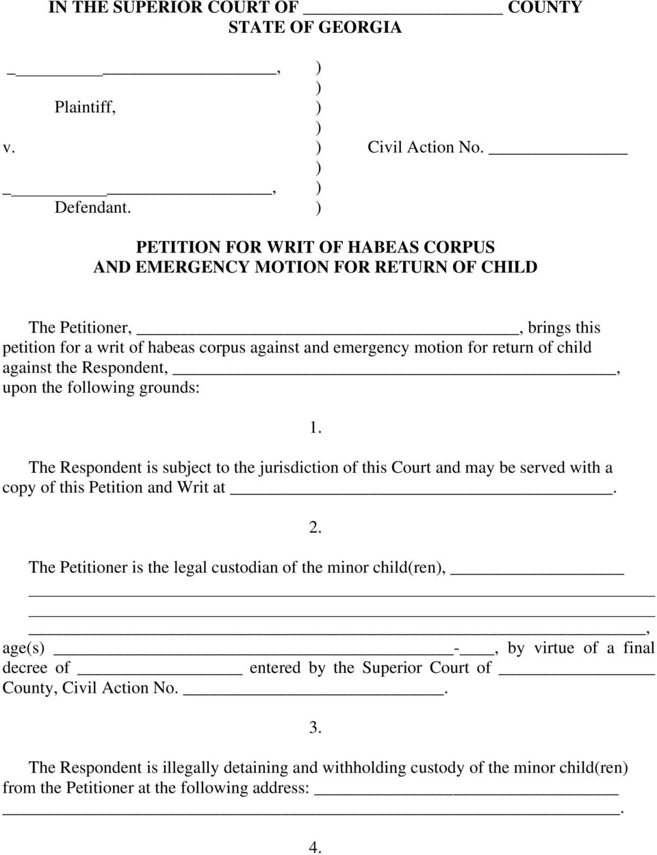 Petition For Writ Of Habeas Corpus And Emergency Return Of Child Packet Pdf Free Download