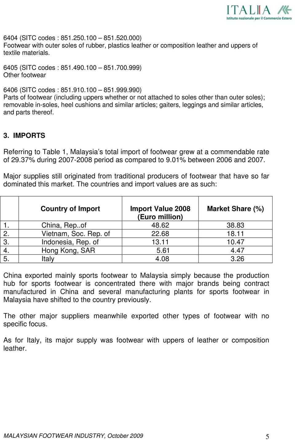 similar articles; gaiters, leggings and similar articles, and parts thereof. 3. IMPORTS Referring to Table 1, Malaysia s total import of footwear grew at a commendable rate of 29.