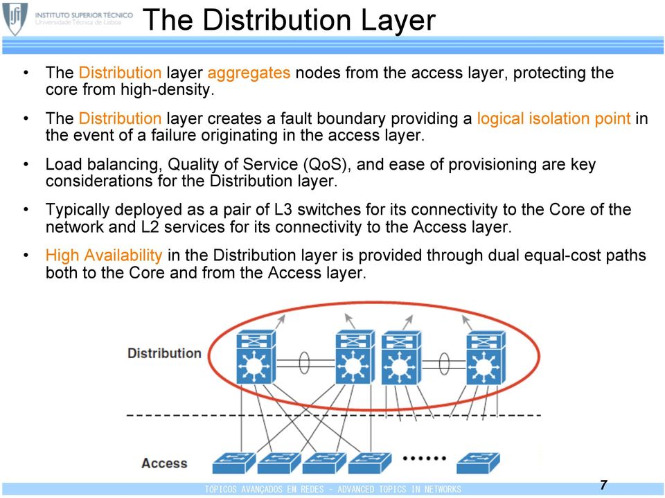 Load balancing, Quality of Service (QoS), and ease of provisioning are key considerations for the Distribution layer.