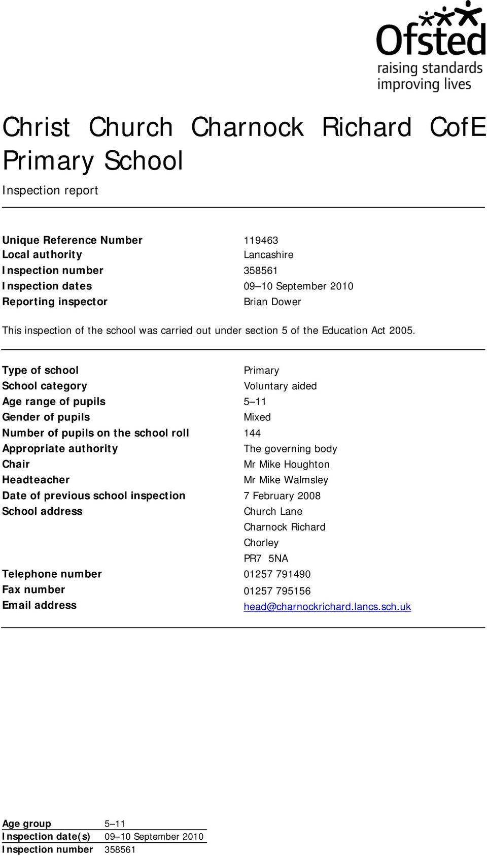 Type of school Primary School category Voluntary aided Age range of pupils 5 11 Gender of pupils Mixed Number of pupils on the school roll 144 Appropriate authority The governing body Chair Mr Mike