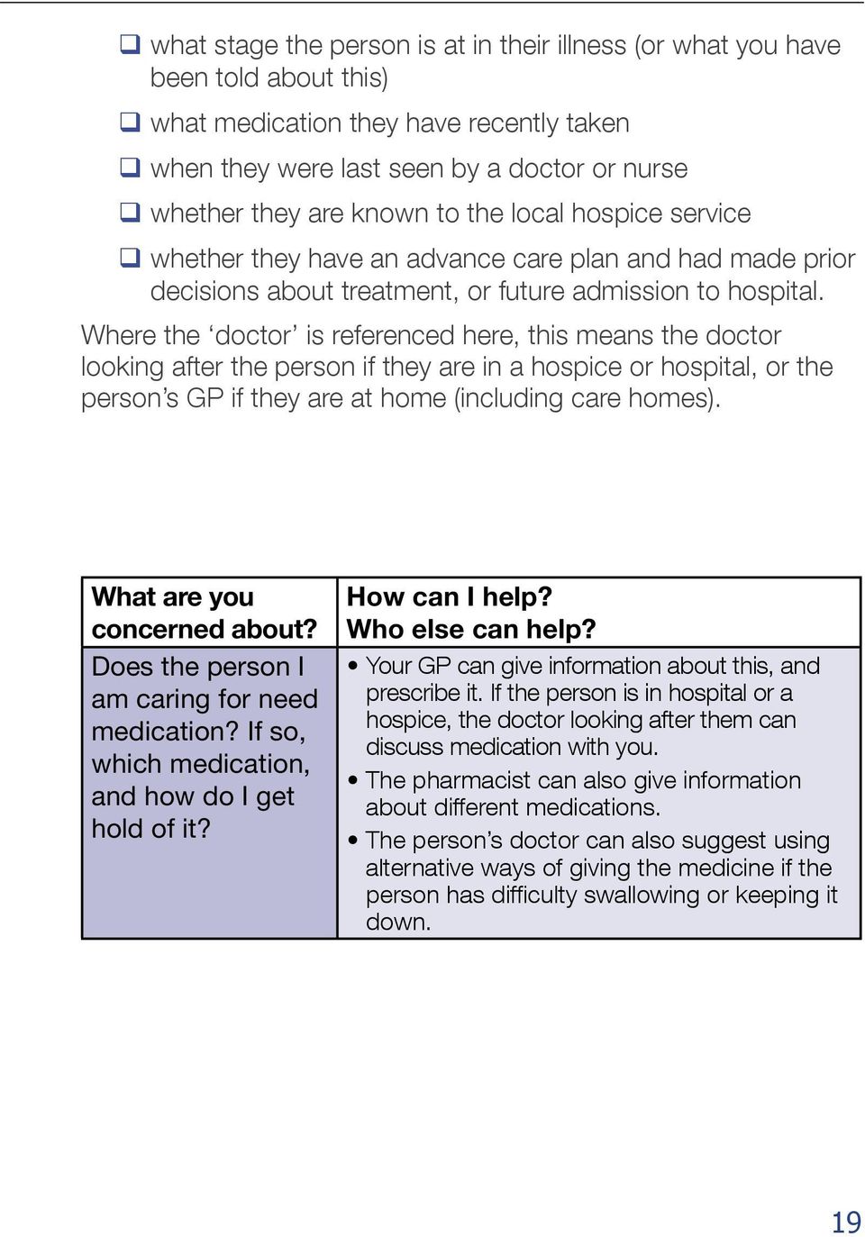 Where the doctor is referenced here, this means the doctor looking after the person if they are in a hospice or hospital, or the person s GP if they are at home (including care homes).