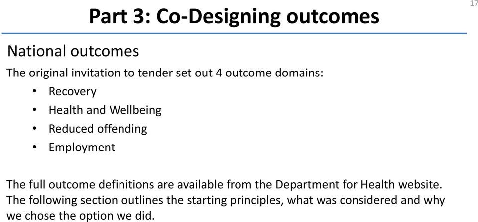 outcome definitions are available from the Department for Health website.
