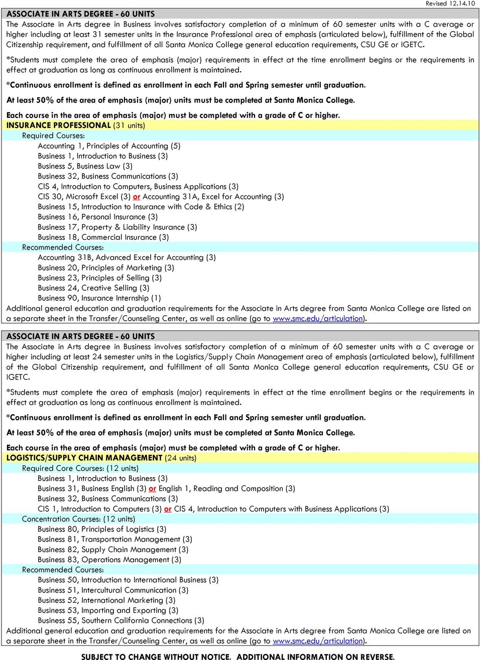 semester units in the Insurance Professional area of emphasis (articulated below), fulfillment of the Global Citizenship requirement, fulfillment of all Santa Monica College general education