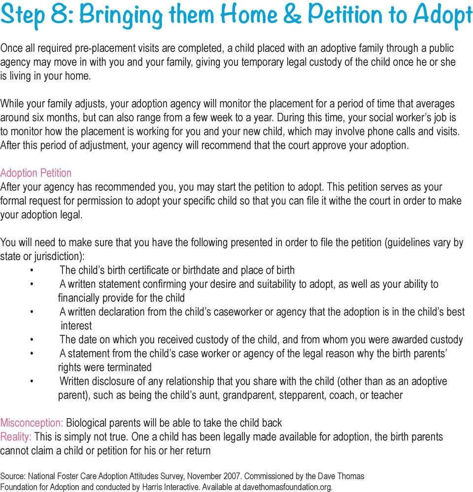 While your family adjusts, your adoption agency will monitor the placement for a period of time that averages around six months, but can also range from a few week to a year.