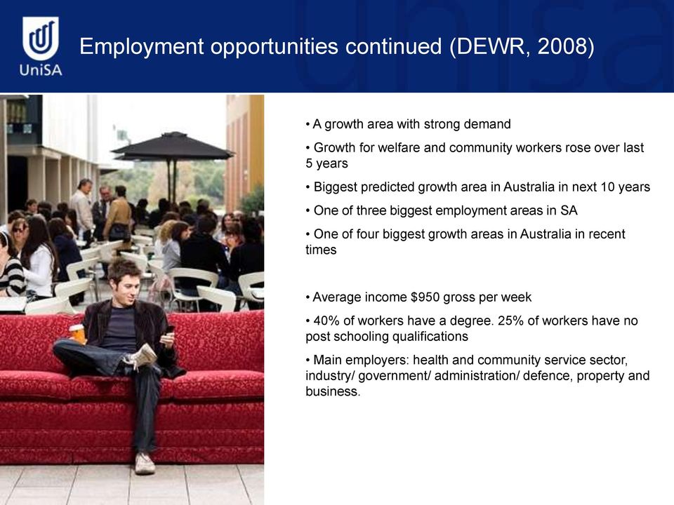 growth areas in Australia in recent times Average income $950 gross per week 40% of workers have a degree.