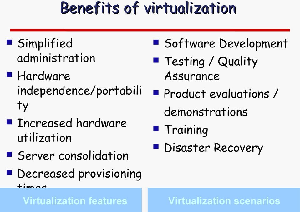Virtualization features Improved security Software Development Testing / Quality