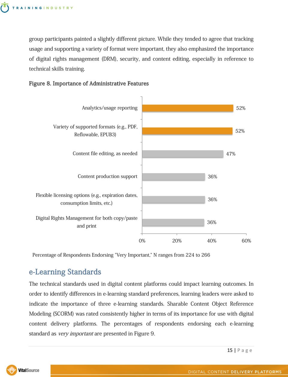 editing, especially in reference to technical skills training. Figure 8. Importance of Administrative Features Analytics/usage reporting 52% Variety of supported formats (e.g., PDF, Reflowable, EPUB3) 52% Content file editing, as needed 47% Content production support 36% Flexible licensing options (e.