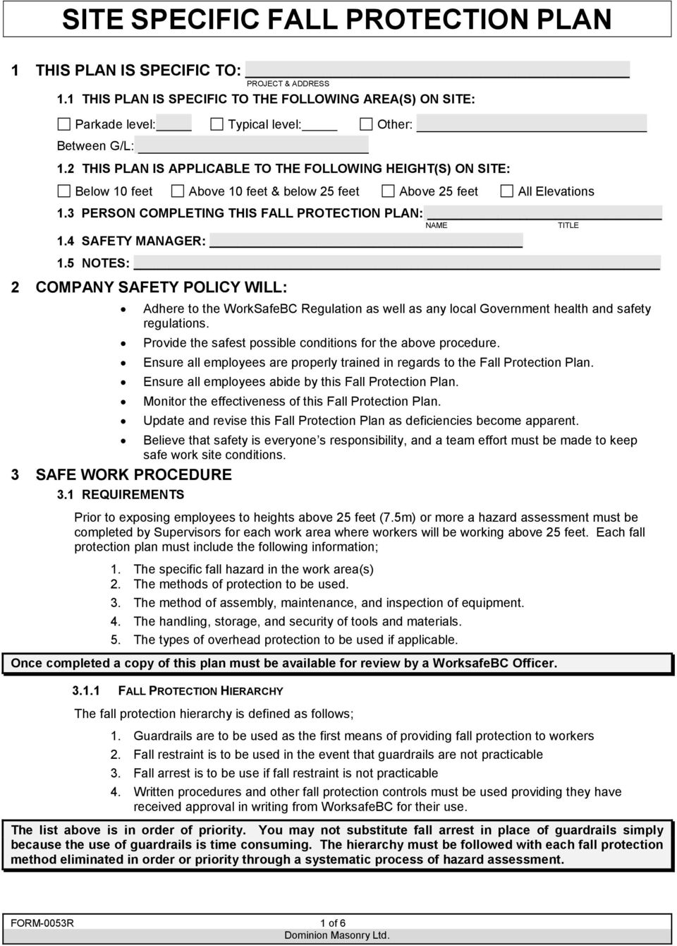 SITE SPECIFIC FALL PROTECTION PLAN - PDF Free Download Regarding Fall Protection Certification Template