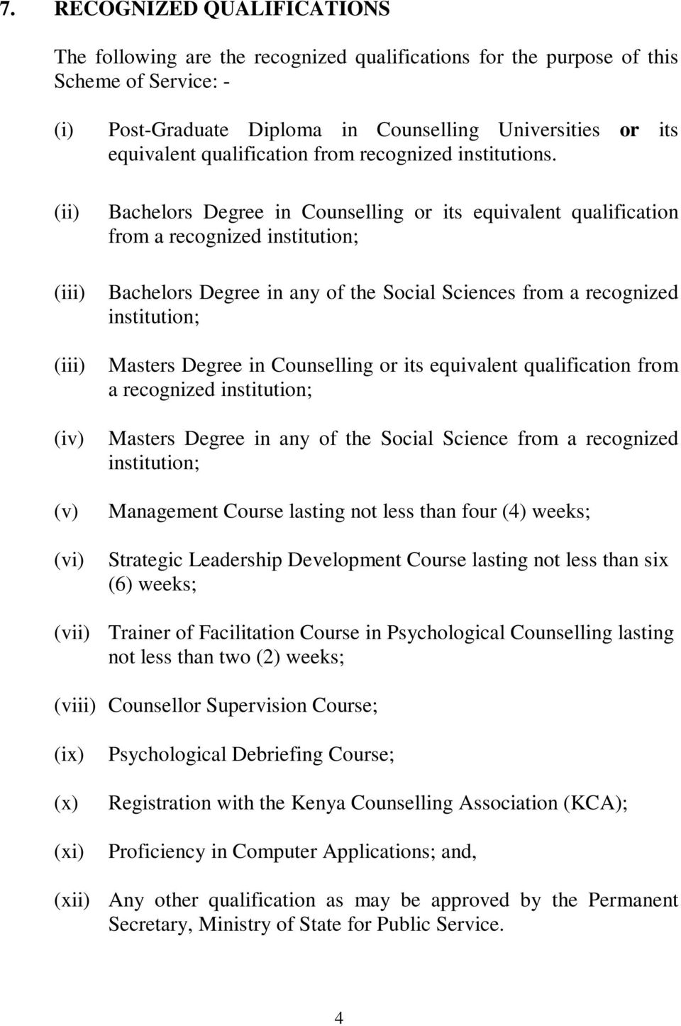 Bachelors Degree in Counselling or its equivalent qualification from a recognized institution; Bachelors Degree in any of the Social Sciences from a recognized institution; (iii) Masters Degree in