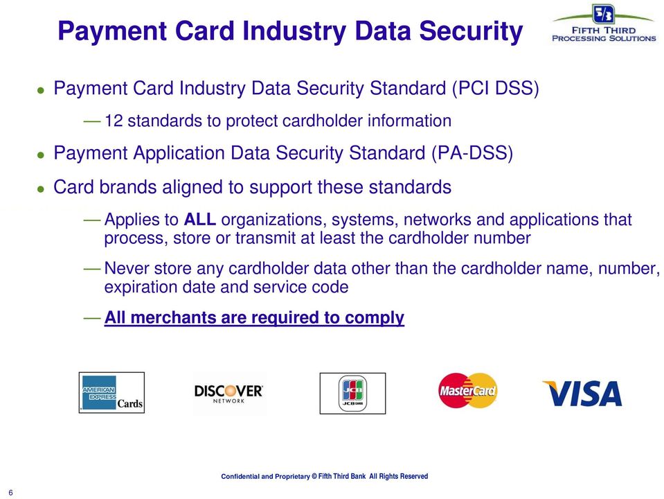 organizations, systems, networks and applications that process, store or transmit at least the cardholder number Never store