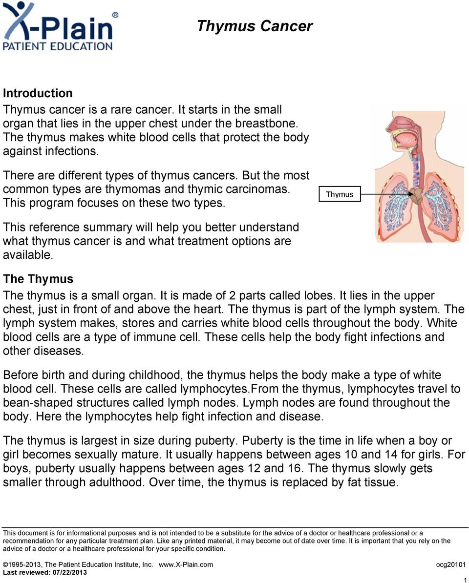 This program focuses on these two types. Thymus This reference summary will help you better understand what thymus cancer is and what treatment options are available.