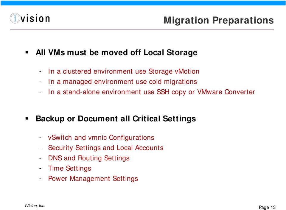 VMware Converter Backup or Document all Critical Settings - vswitch and vmnic Configurations - Security