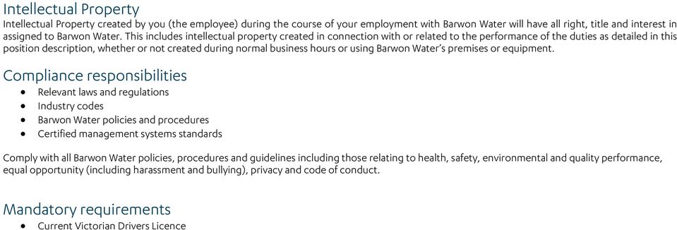 hours or using Barwon Water s premises or equipment.