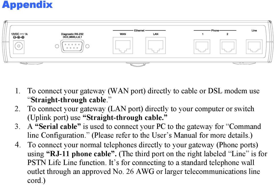 A Serial cable is used to connect your PC to the gateway for Command line Configuration. (Please refer to the User s Manual for more details.) 4.