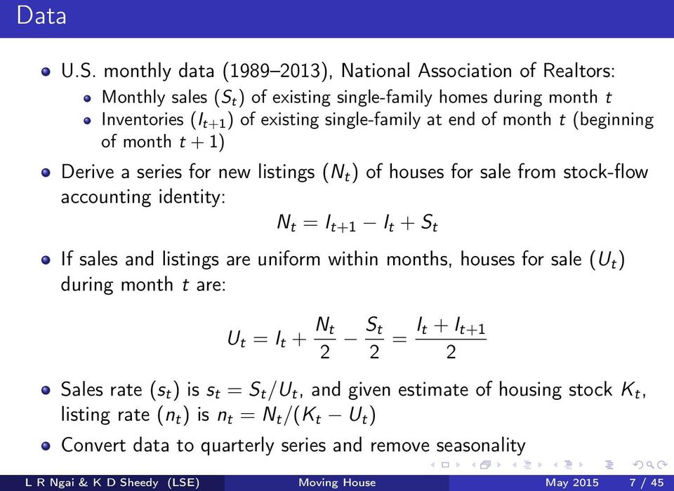 end of month t (beginning of month t + 1) Derive a series for new listings (N t ) of houses for sale from stock-flow accounting identity: N t = I t+1 I t + S t If sales and
