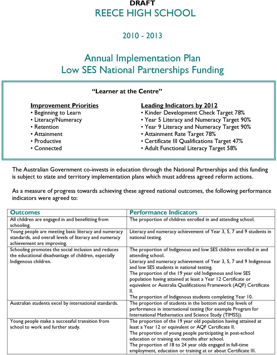 III Qualifications Target 47% Connected Adult Functional Literacy Target 58% The Australian Government co-invests in education through the National Partnerships and this funding is subject to state