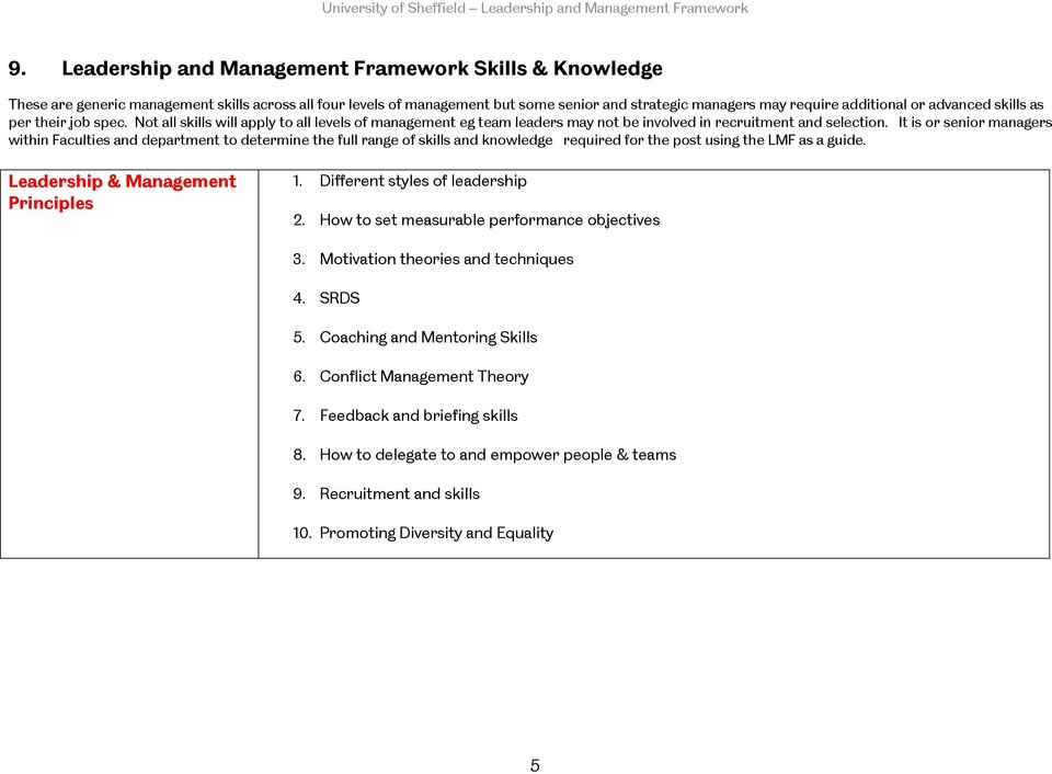 It is or senior managers within Faculties and department to determine the full range of skills and knowledge required for the post using the LMF as a guide. Leadership & Management Principles 1.